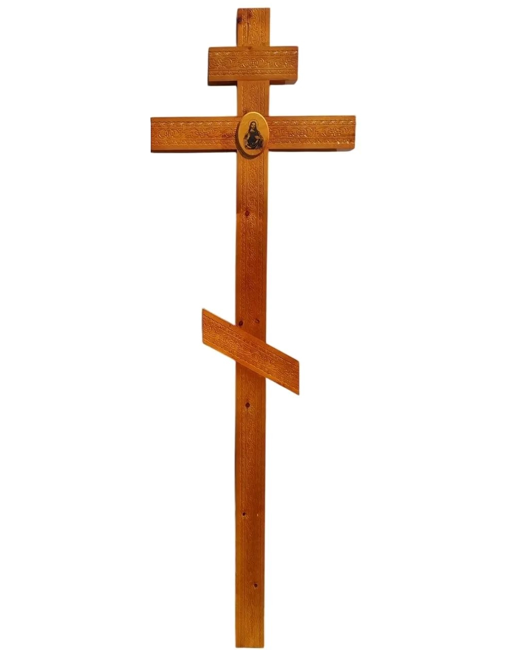 Крест на могилу сосновый прямой «Узор» с накладкой Иисус